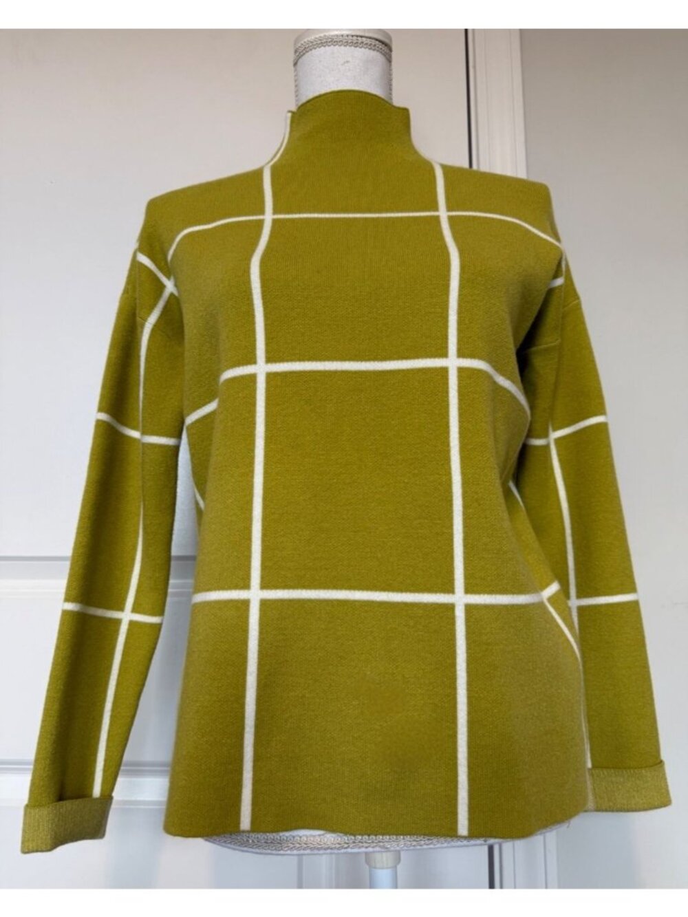 Cynthia Rowley Womens XS Olive & White Grid Turtleneck Sweater Soft